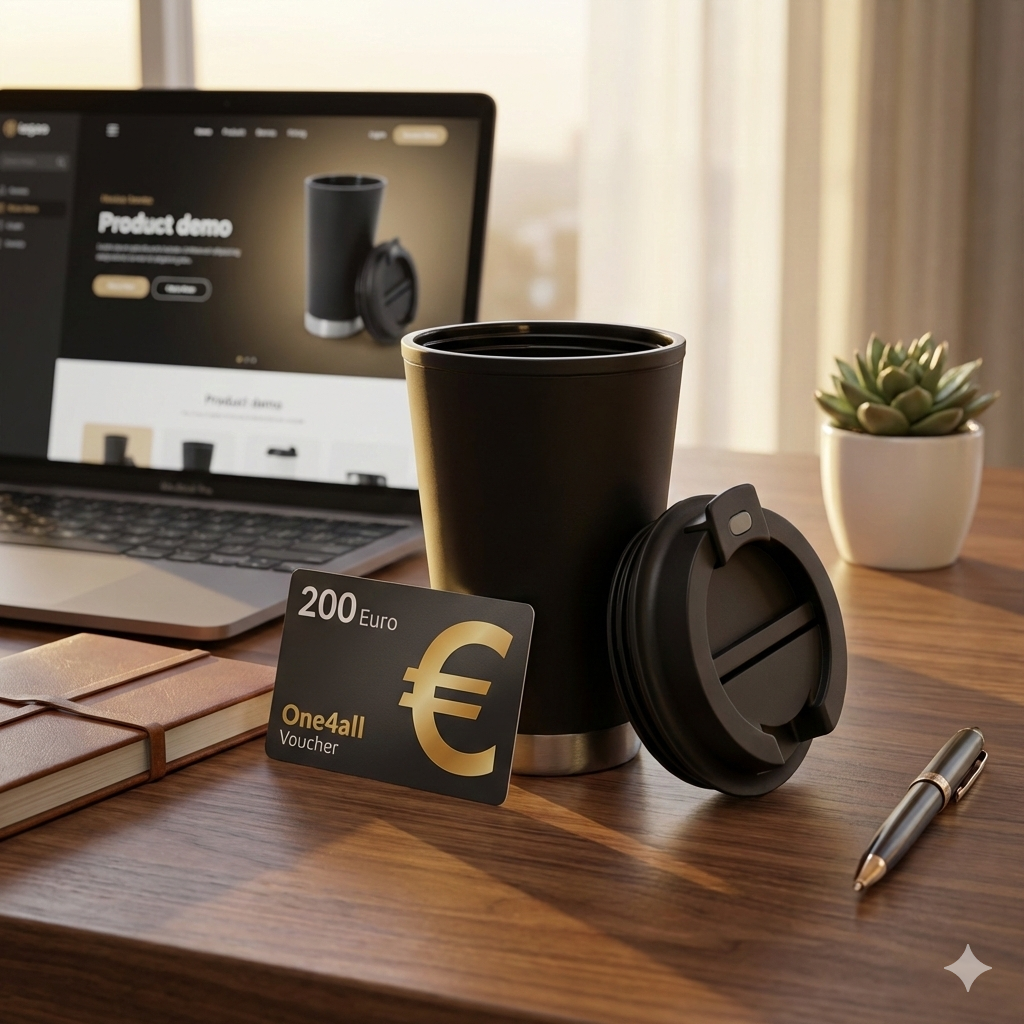 PurchaseDot promotion flyer advertising a free travel mug and €200 prize for booking a demo