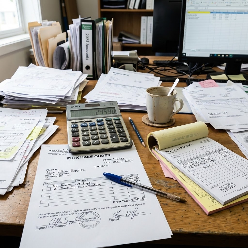 Illustration of a cluttered finance desk: a handwritten purchase order, a carbon-copy invoice book, a calculator and stacks of paper receipts
